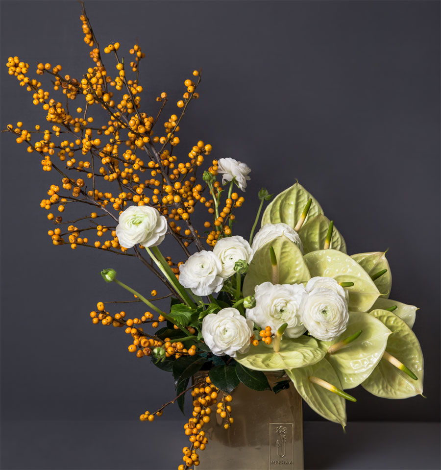 Romantic birthday gift bouquet with luxury flowers and wine